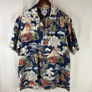 Hawaii Button Up Shirt Mens XL Navy Blue Volcano Woody Wagon Print‎ Aloha
